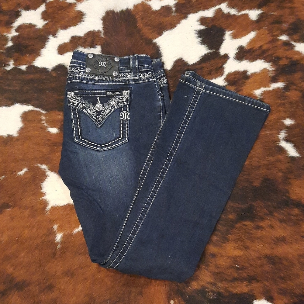 Miss Me Dark Blue Boot Cut Jeans with Silver Embellishments